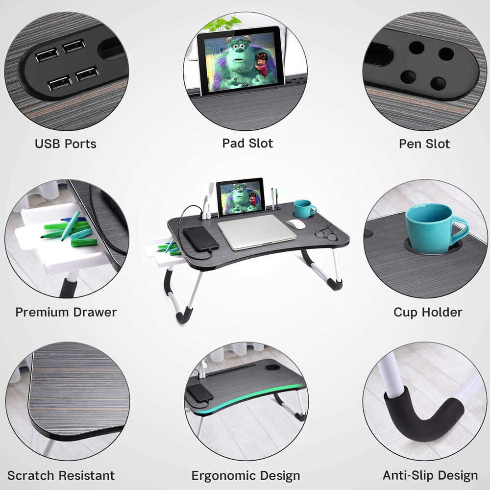 Portable Laptop Bed Desk with USB Charging, Black