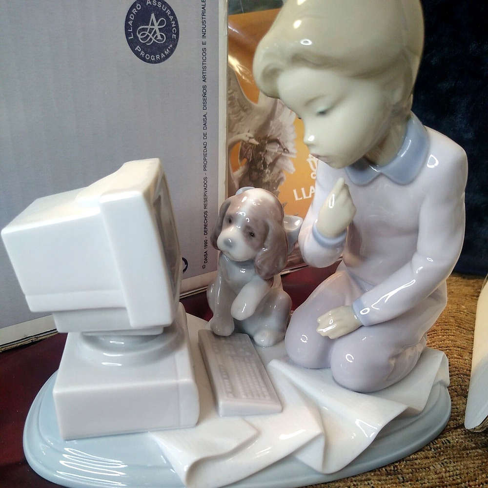 Lladro Computing Companions 06692 Figurine - Girl, Computer, Dog with Box and COA
