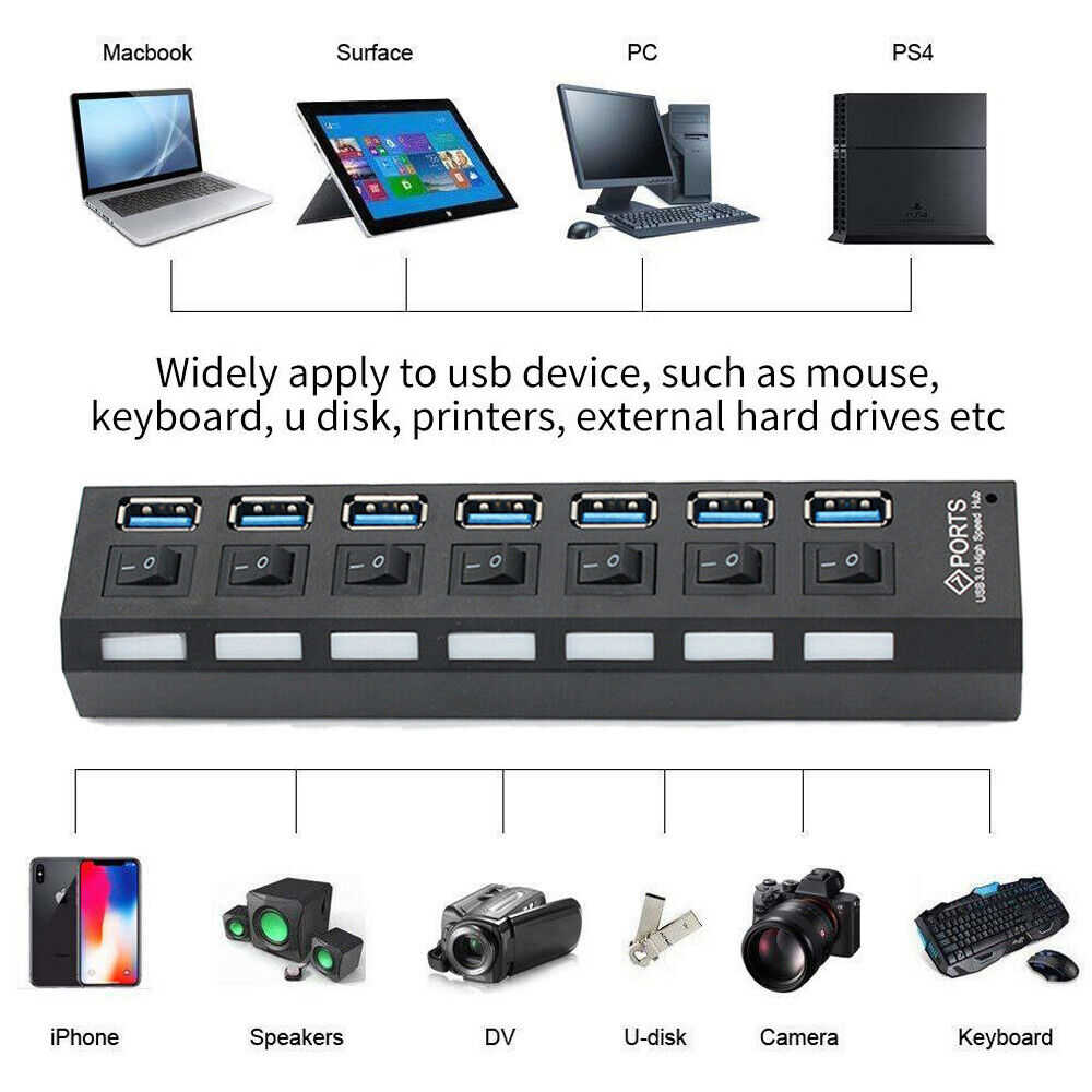 7 Port USB 3.0 Hub Splitter Adapter - High-Speed Connectivity for Multiple Devices