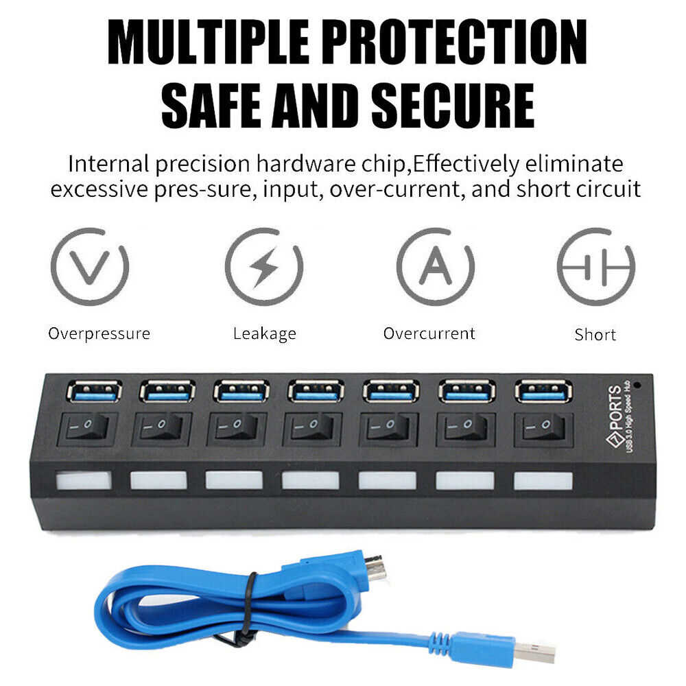 7 Port USB 3.0 Hub Splitter Adapter - High-Speed Connectivity for Multiple Devices