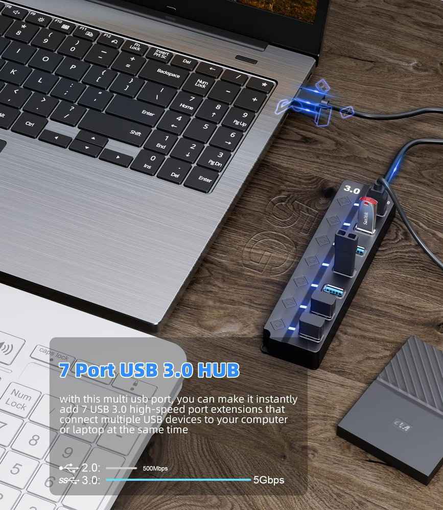 Eanetf 7-Port USB 3.0 Hub with LED Individual Switches