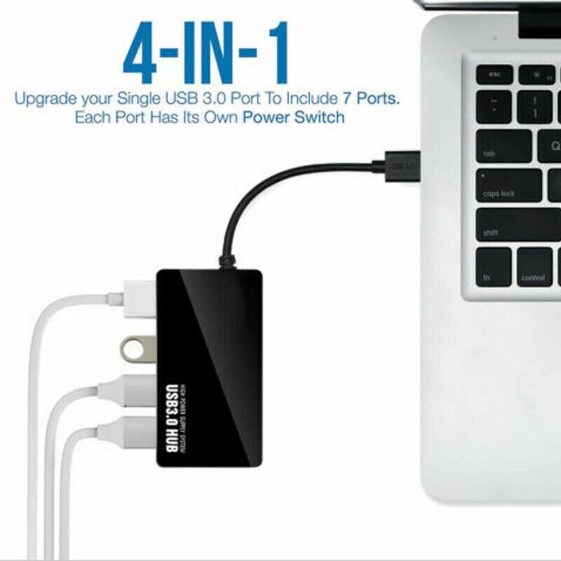 4 Port USB 3.0 Hub with Power Adapter for Enhanced Connectivity