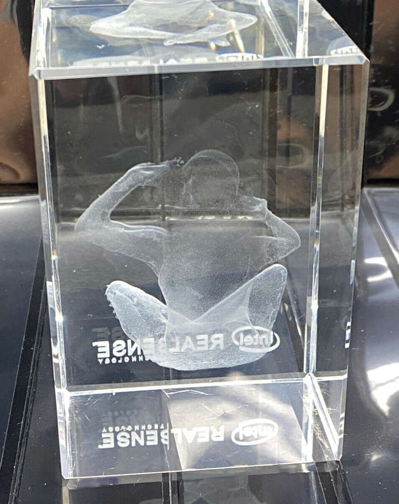 Intel Tech PC Computer Brand Glass Paperweight with Real Sense Girl Design