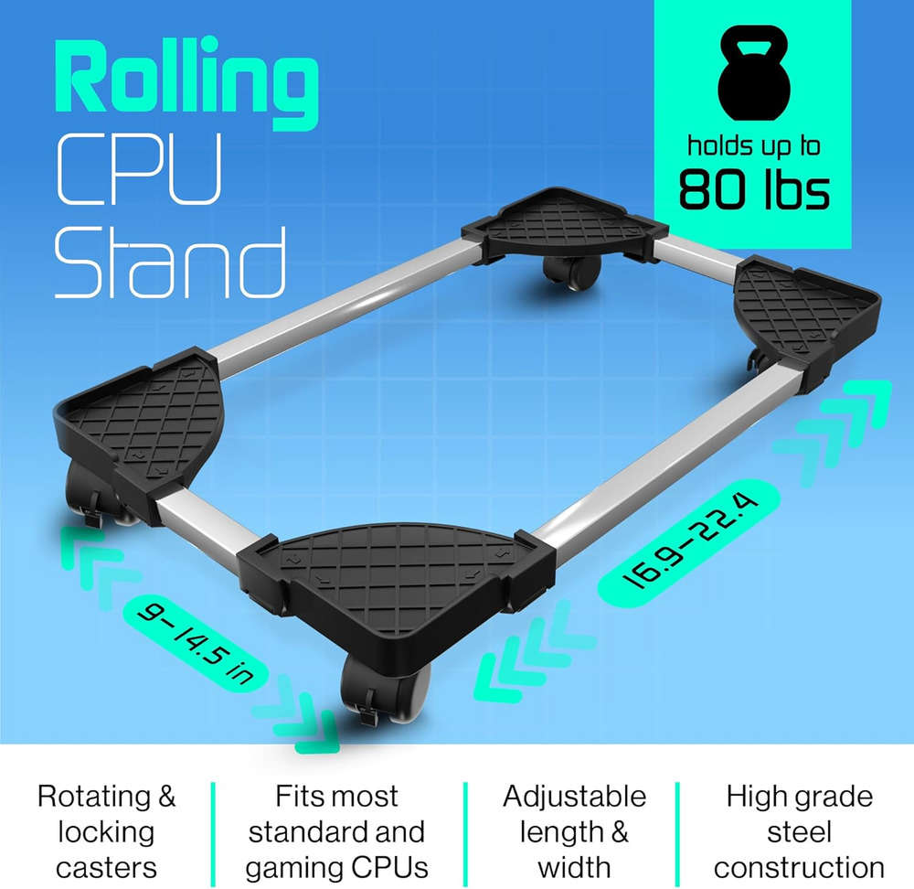 Adjustable Rolling CPU Stand with Wheels - Versatile Computer Tower Platform