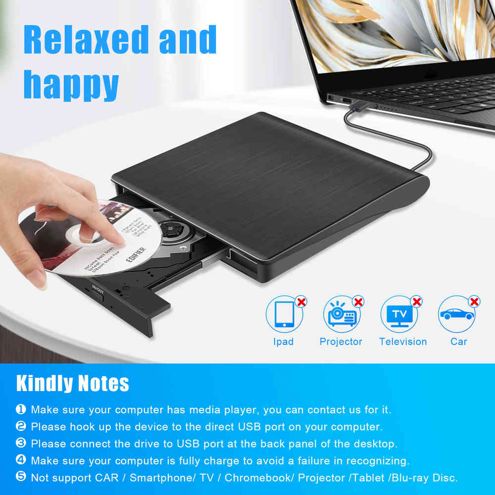 USB 3.0 Dual Port External DVD CD Drive with Optical Burner
