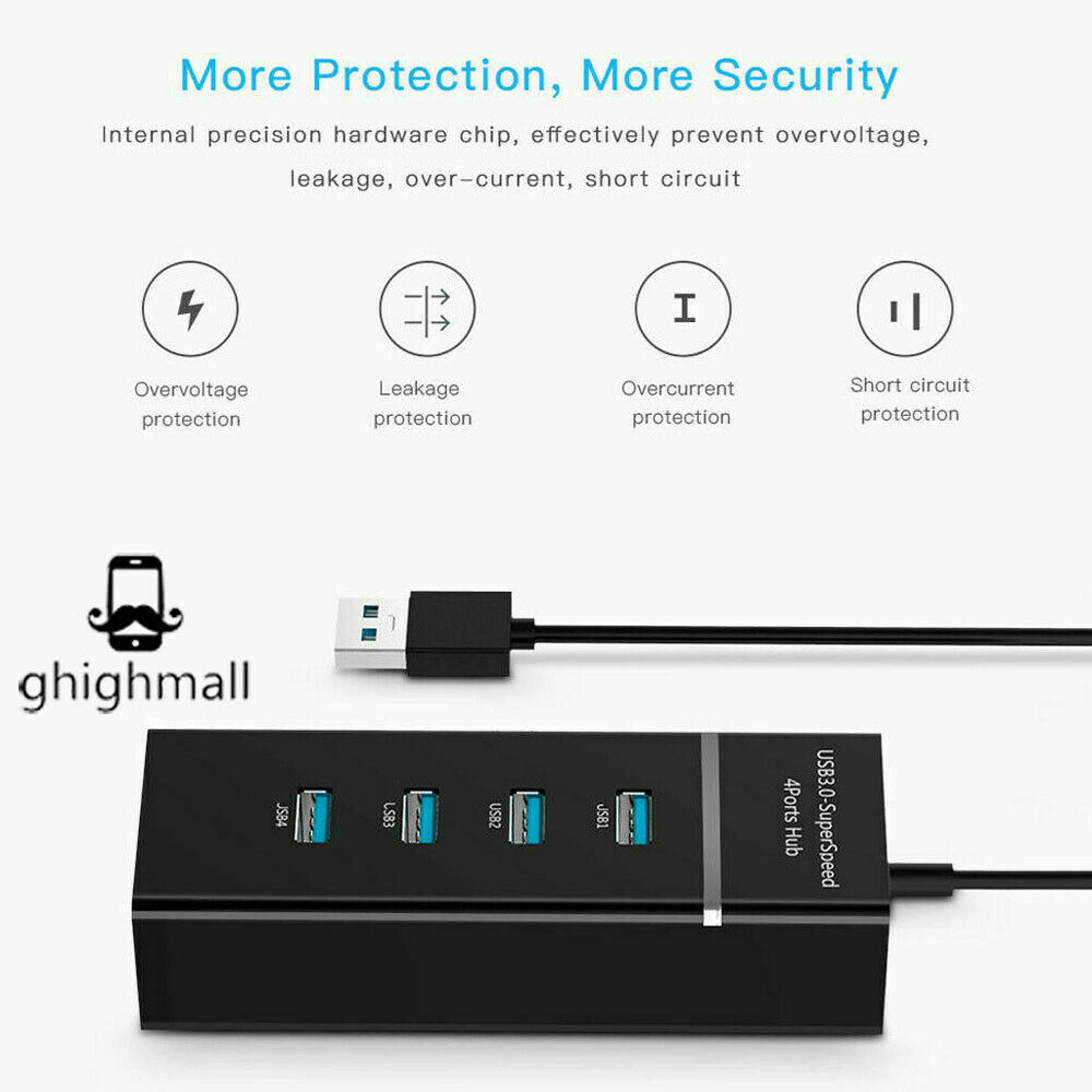 4 Port USB 3.0 High-Speed Hub Splitter for Desktop and Laptop