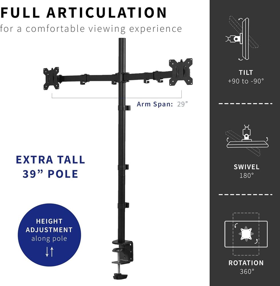 Extra Tall Dual Monitor Stand Up Desk Mount - 39 Inch Adjustable Pole