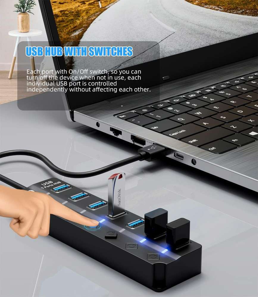 Eanetf 7-Port USB 3.0 Hub with LED Individual Switches