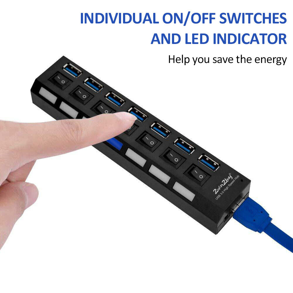 7 Port USB 3.0 Hub Splitter Adapter - High-Speed Connectivity for Multiple Devices