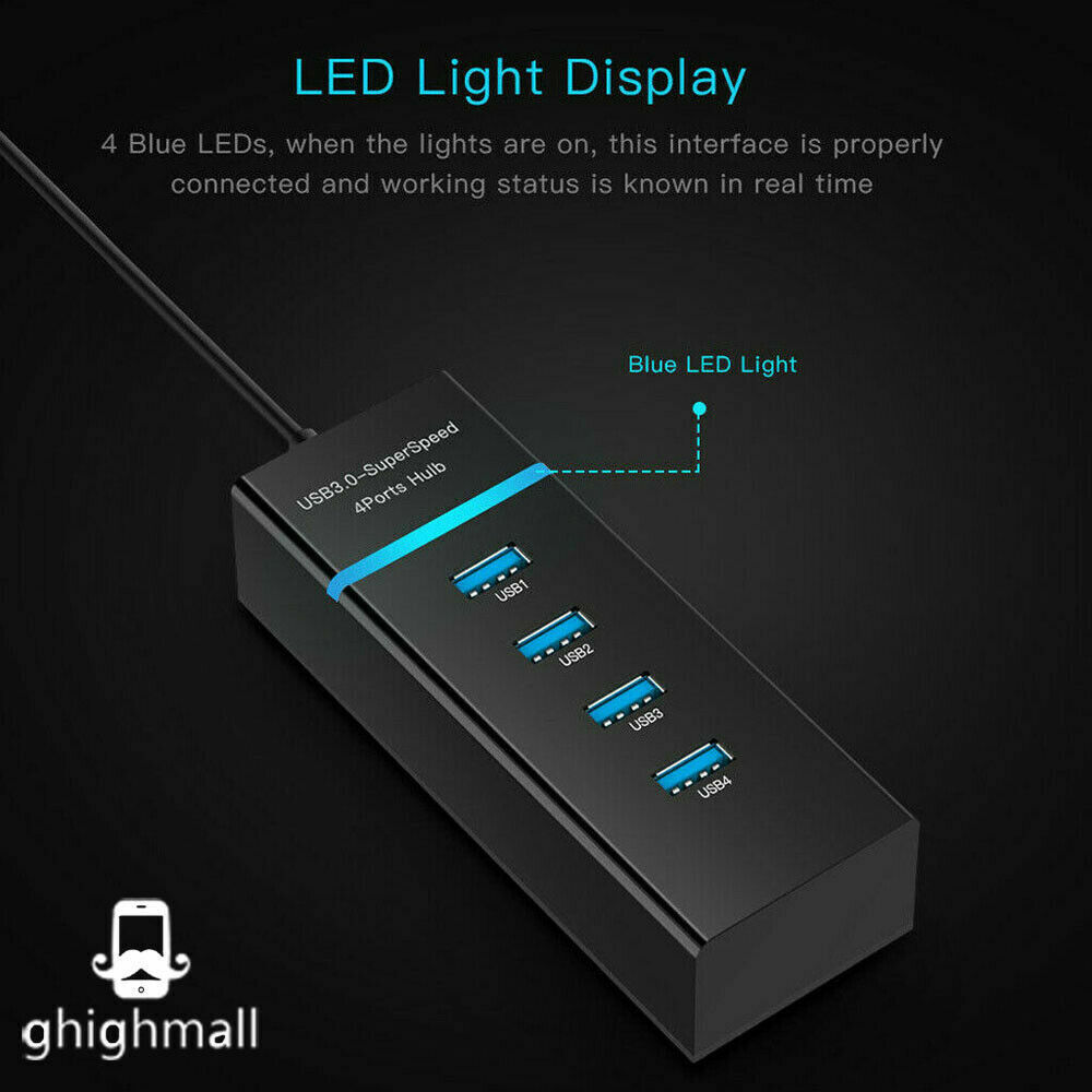 4 Port USB 3.0 High-Speed Hub Splitter for Desktop and Laptop