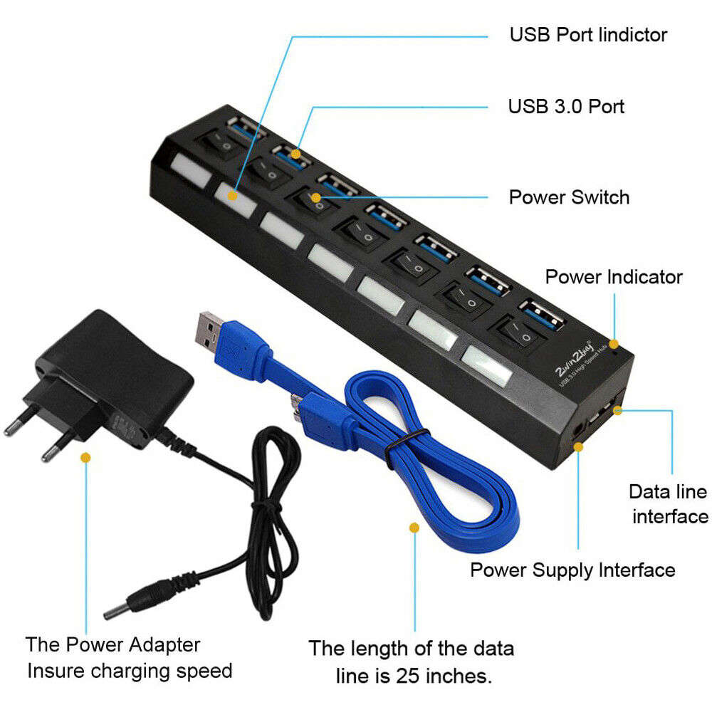 7 Port USB 3.0 Hub Splitter Adapter - High-Speed Connectivity for Multiple Devices
