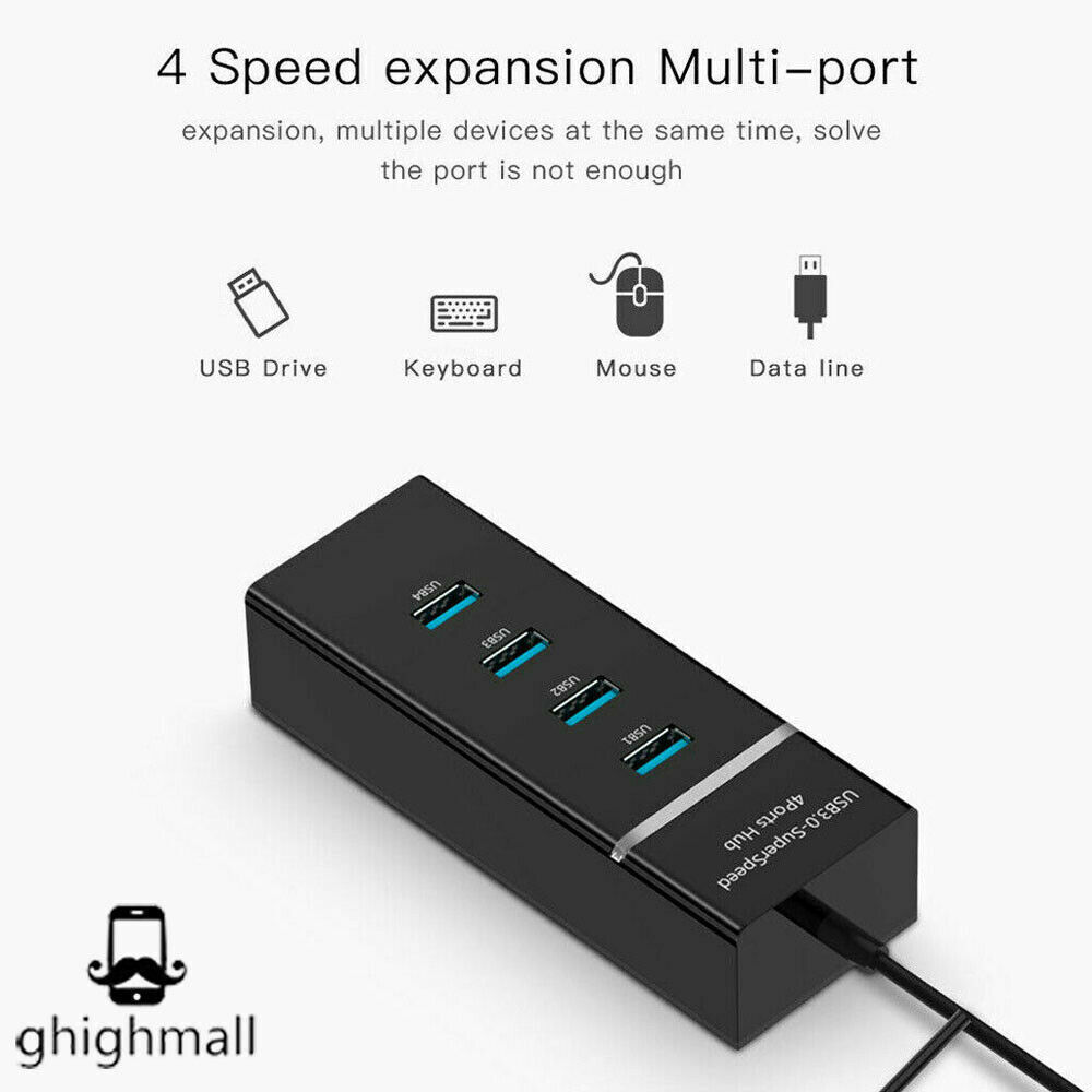 4 Port USB 3.0 High-Speed Hub Splitter for Desktop and Laptop