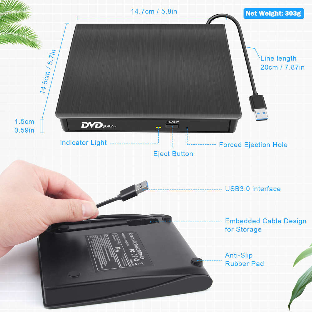 USB 3.0 Dual Port External DVD CD Drive with Optical Burner