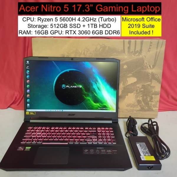Acer Nitro 5 17.3" Gaming Laptop with AMD Ryzen 5, RTX 3060, 512GB SSD + 1TB HDD, 16GB RAM