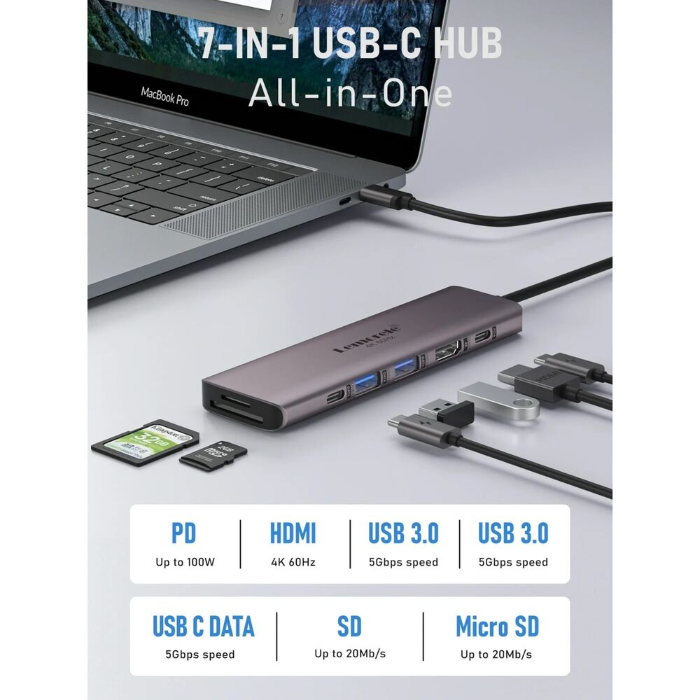 7-in-1 USB-C Hub with HDMI, USB 3.0, and 100W PD for MacBook Pro/Air