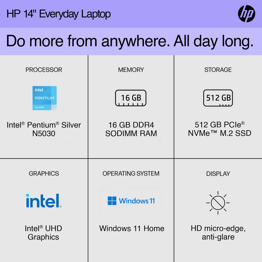 HP 14 Notebook - Quad-core Intel, 16GB RAM, 512GB SSD - Open Box