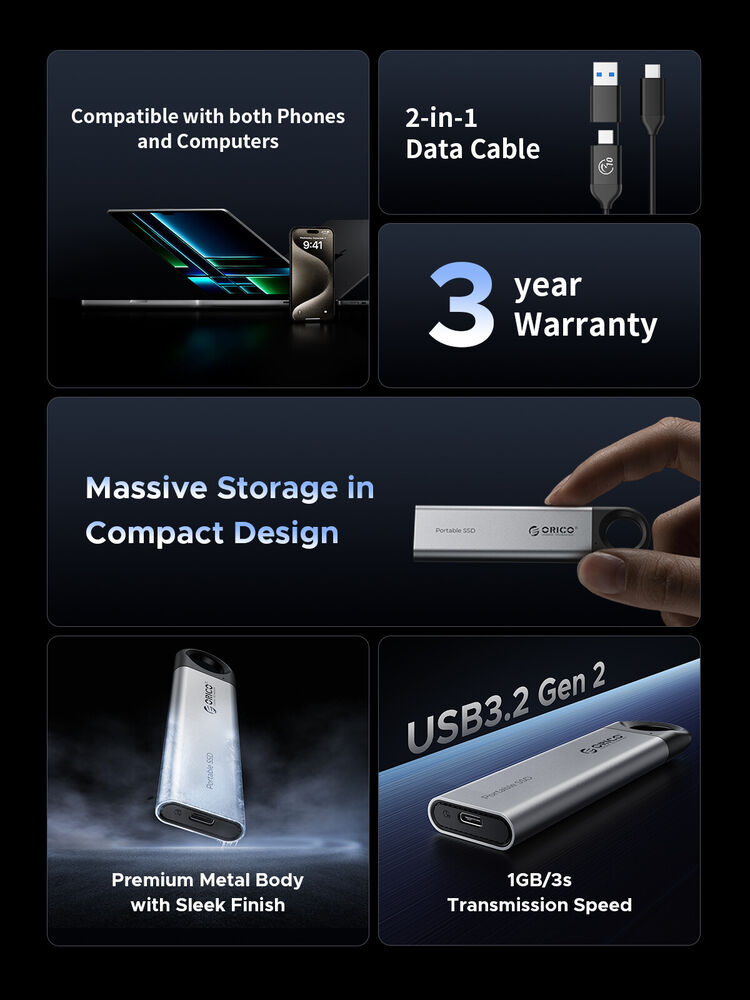 ORICO 1TB Portable SSD - High-Speed 10Gbps Type-C USB 3.2 Gen2