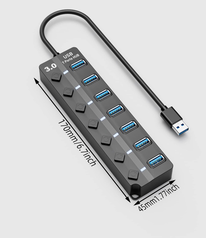 Eanetf 7-Port USB 3.0 Hub with LED Individual Switches