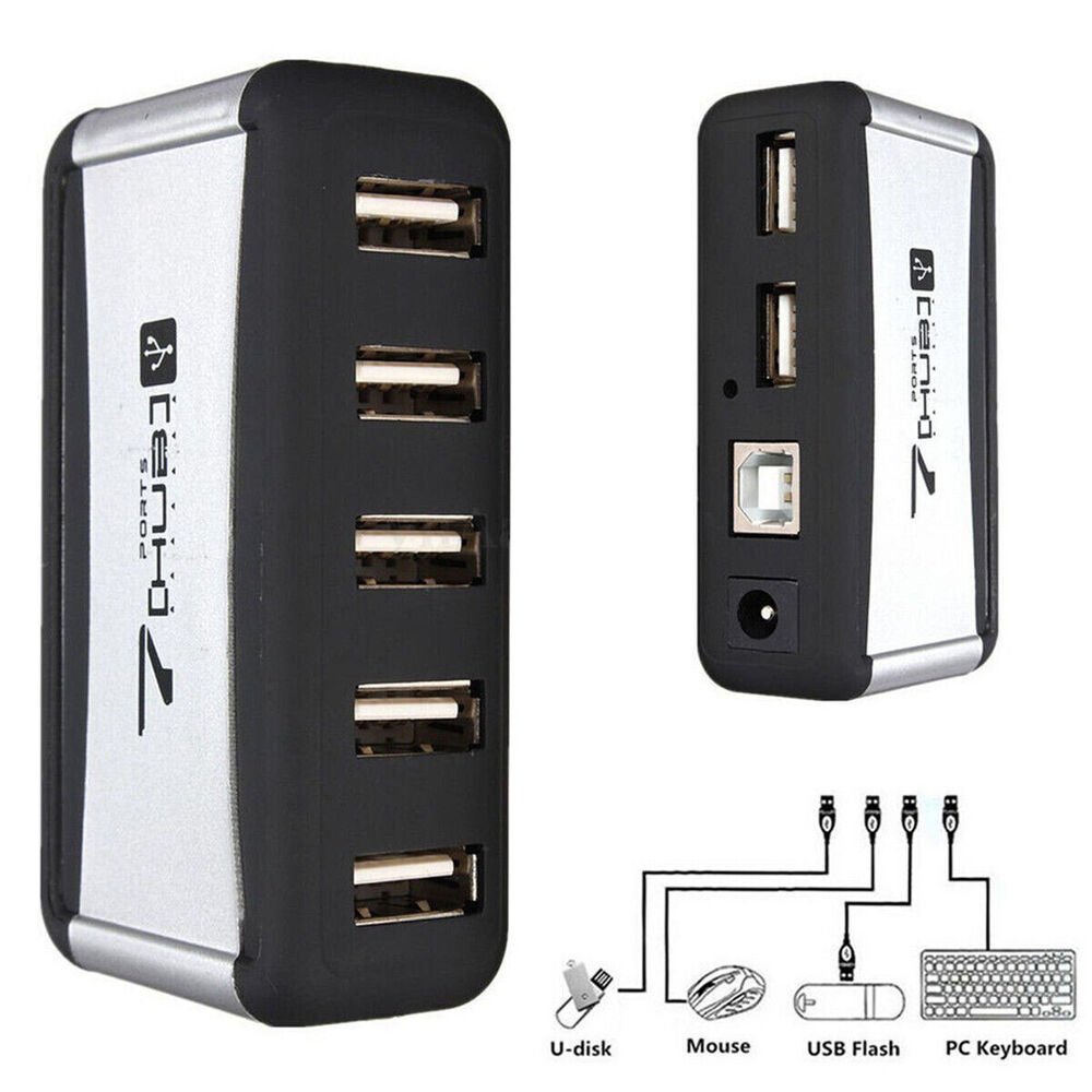 7 Port USB 2.0 High Speed Hub with US Plug AC Power Adapter Cable