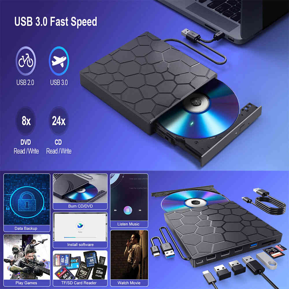 Ultra Slim USB 3.0 External CD/DVD Drive with Burner for Laptops and Mac