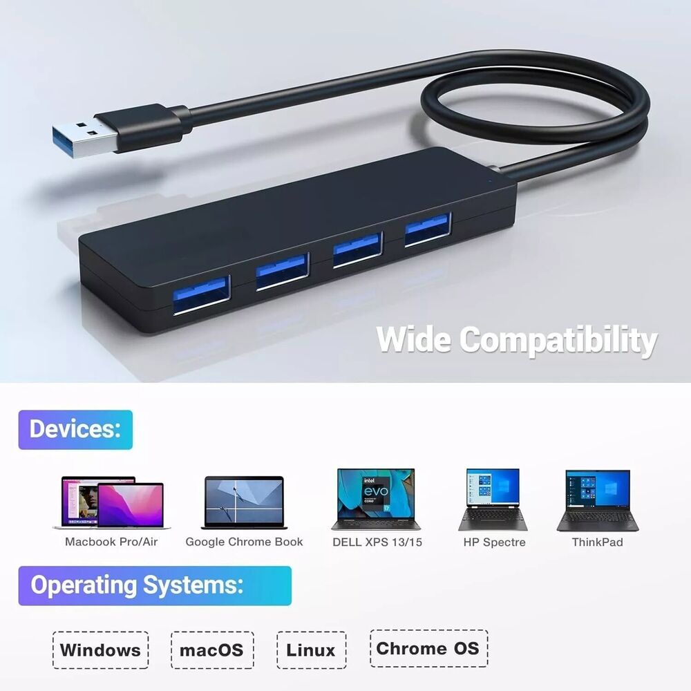4-Port USB 3.0 Hub Splitter - High-Speed Connectivity for Multiple Devices
