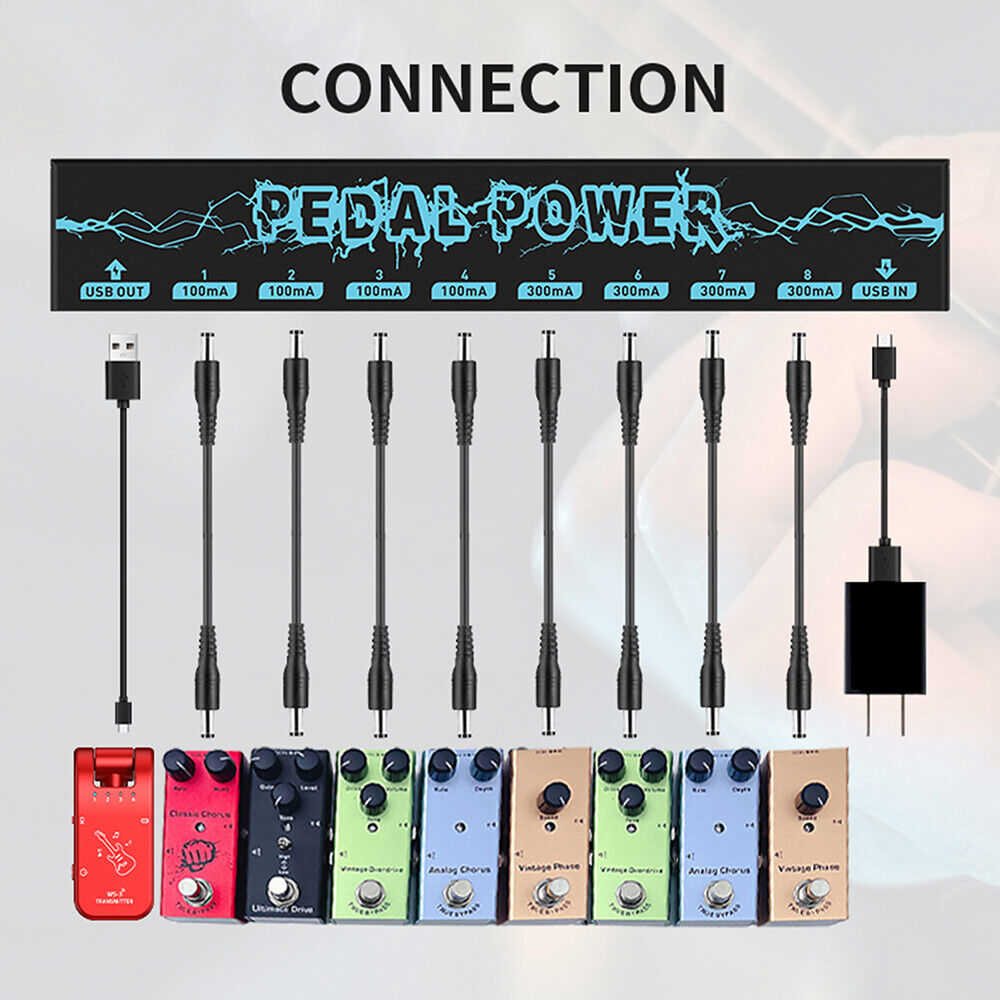 Premium 8-Output Guitar Pedal Power Supply with Isolated DC 9V and Audio Cable