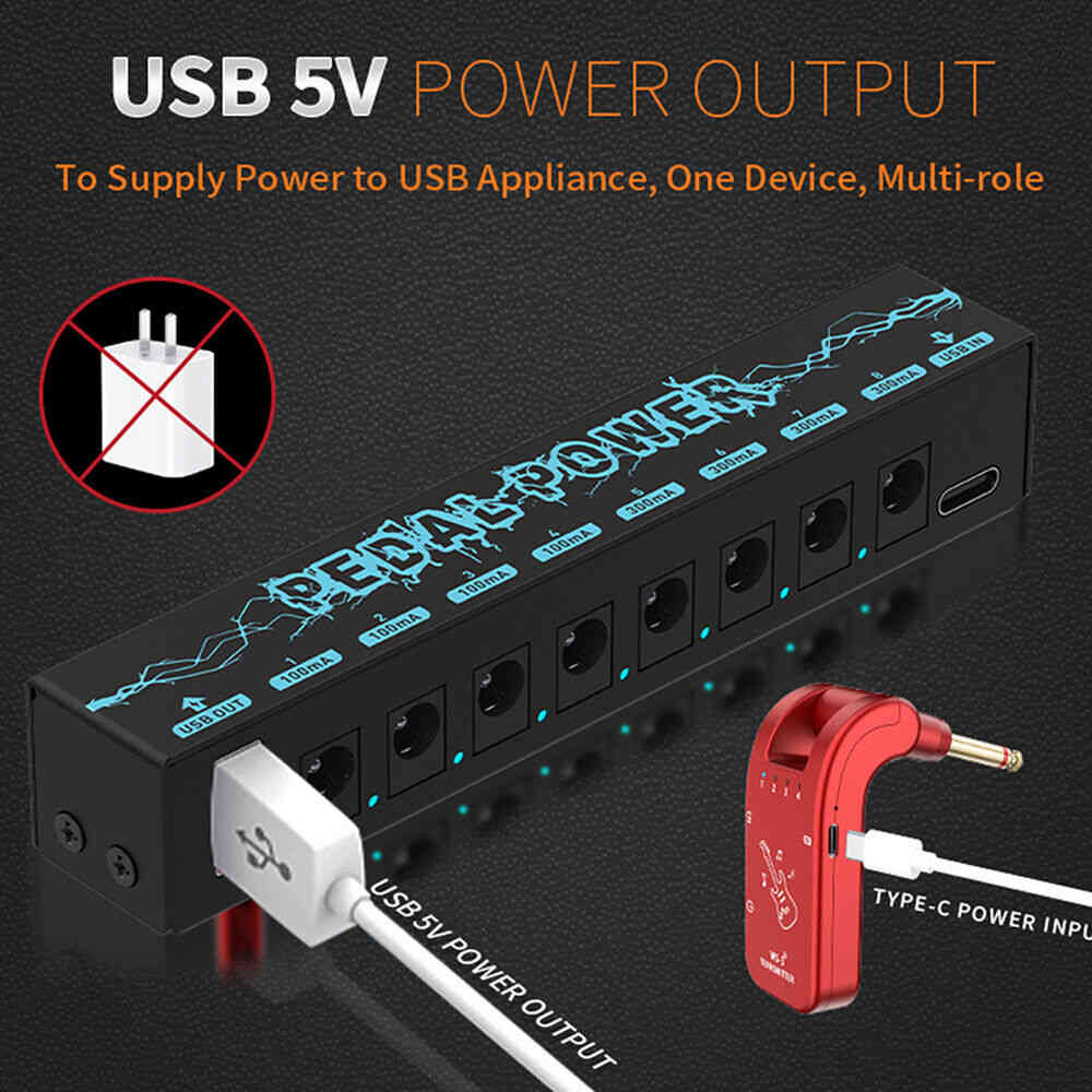 Premium 8-Output Guitar Pedal Power Supply with Isolated DC 9V and Audio Cable