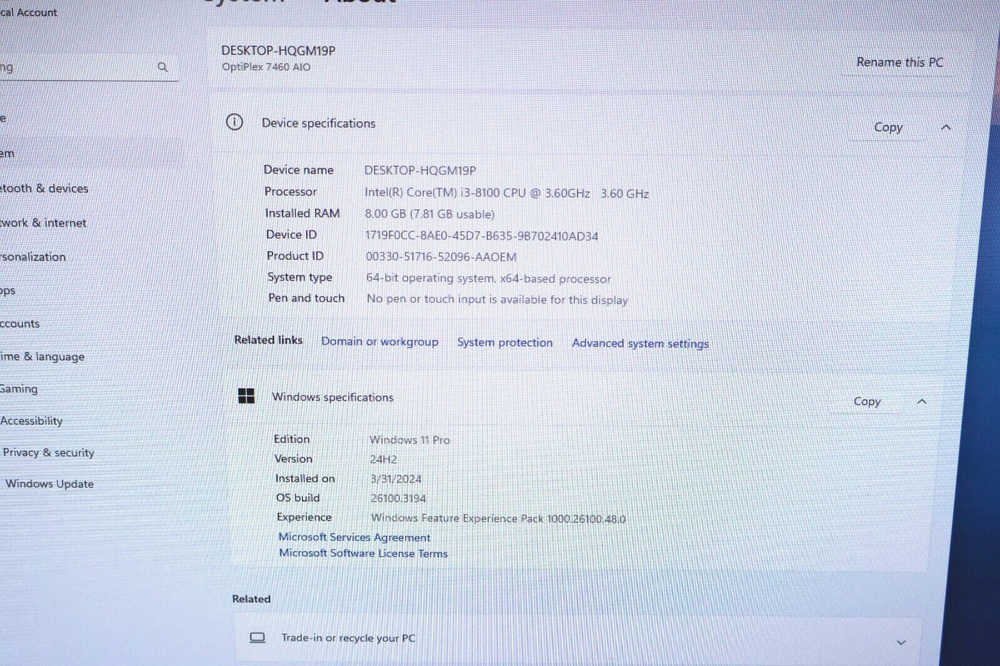 Dell OptiPlex 7460 AIO PC with Intel i3-8100, 8GB RAM, 256GB SSD, Windows 11 Pro