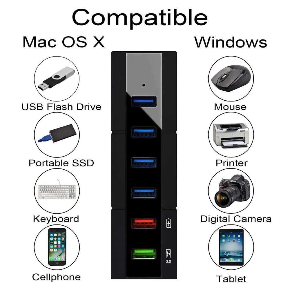 6-Port USB 3.0 Hub with Switcher for High-Speed Data Transfer and Charging