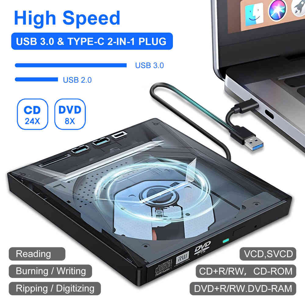 High-Speed External CD/DVD Drive with USB 3.0 for Windows PCs