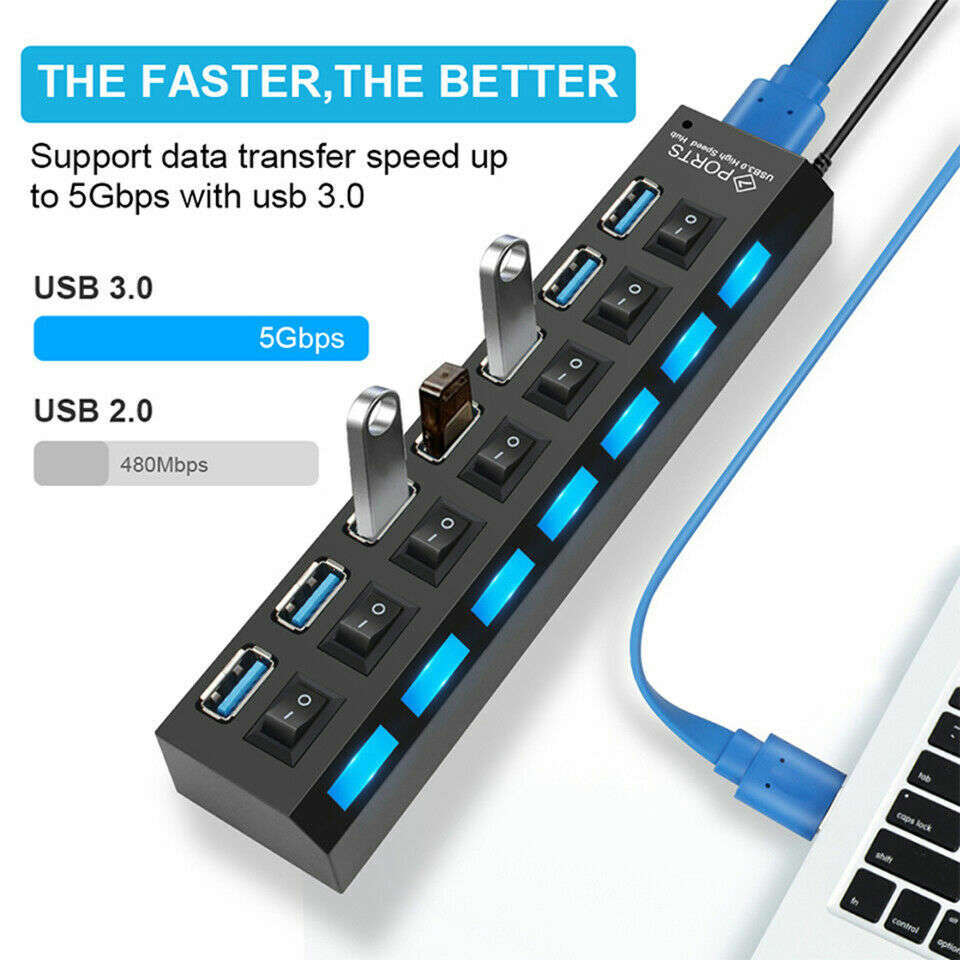 7-Port USB 3.0 Hub with Individual On/Off Switches and AC Adapter