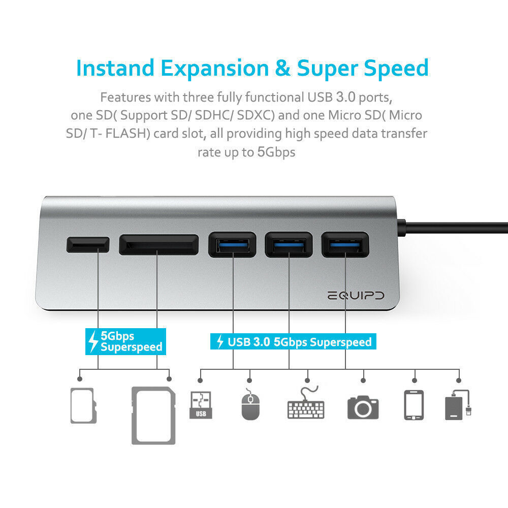Aluminum USB-C Hub with 3 USB 3.0 Ports and SD/TF Card Reader