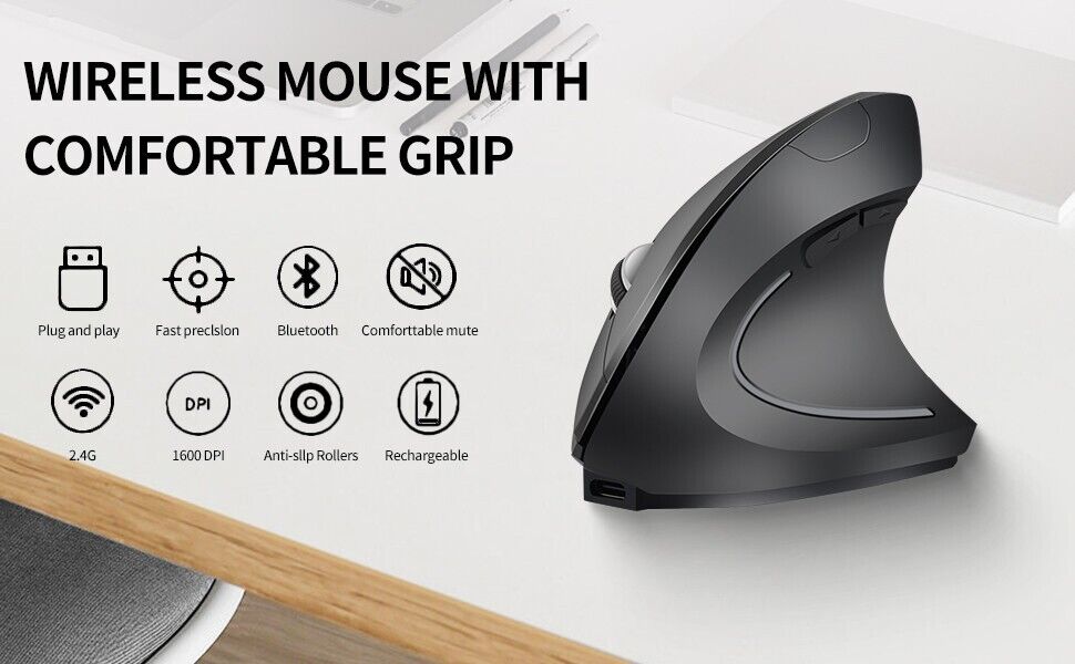 Ergonomic Vertical Wireless Rechargeable Mouse - Optimized for Comfort and Efficiency