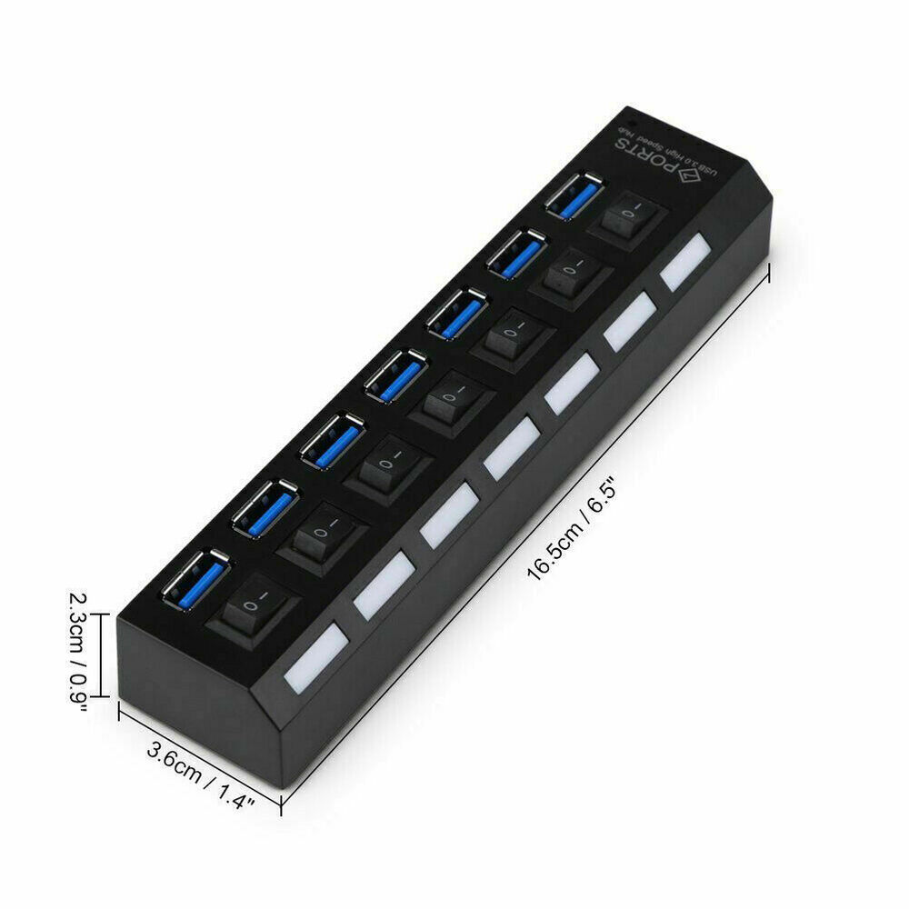 7-Port USB 3.0 Hub with Individual On/Off Switches and AC Adapter