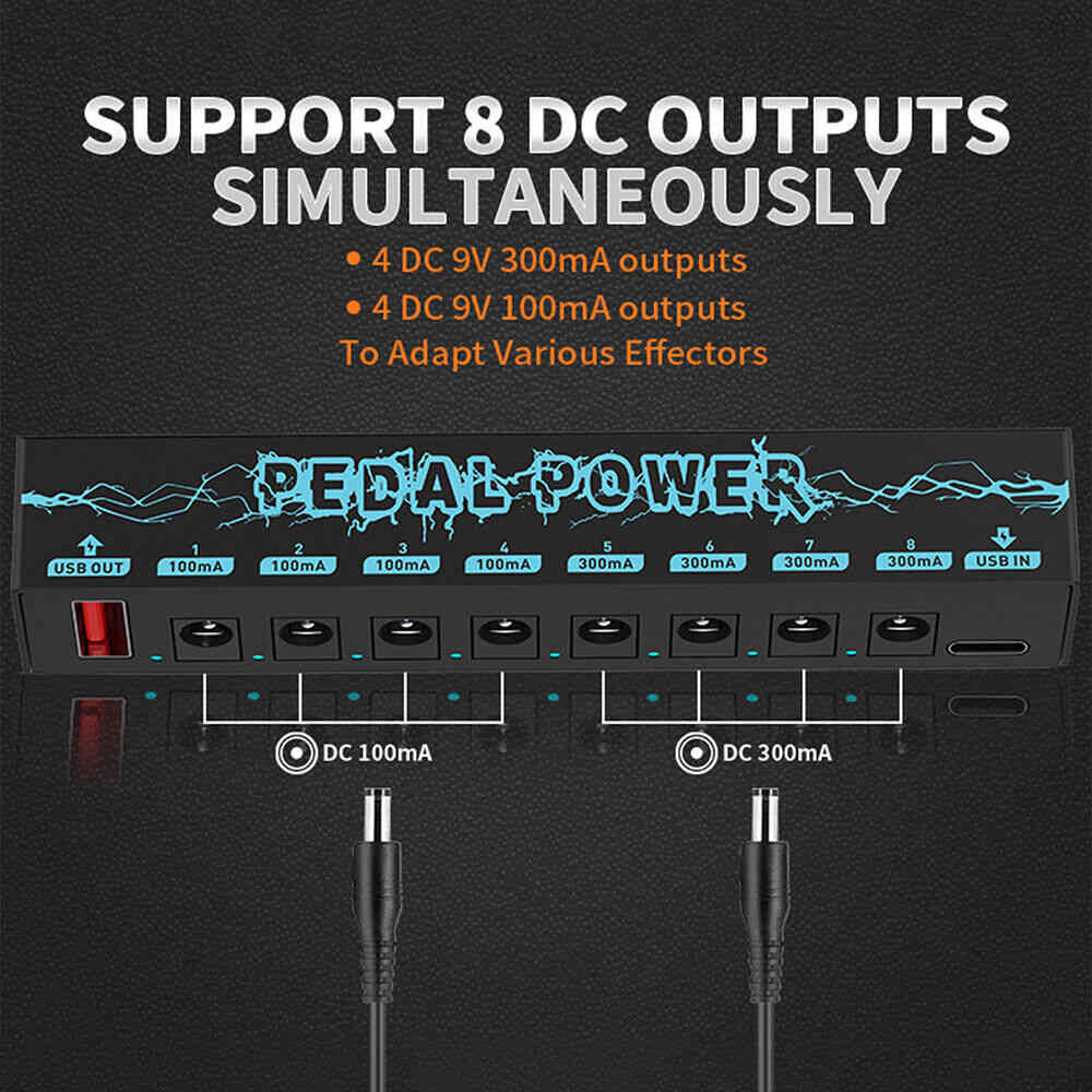 Premium 8-Output Guitar Pedal Power Supply with Isolated DC 9V and Audio Cable