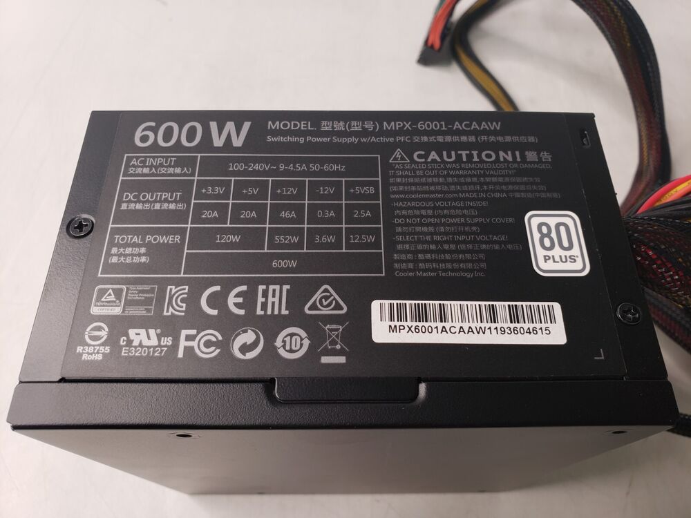 Cooler Master MasterWatt Lite 600W 80 Plus Power Supply Unit