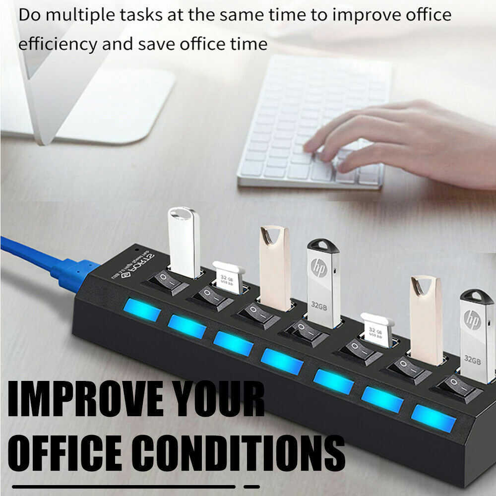 7-Port USB 3.0 Hub with Individual On/Off Switches and AC Adapter