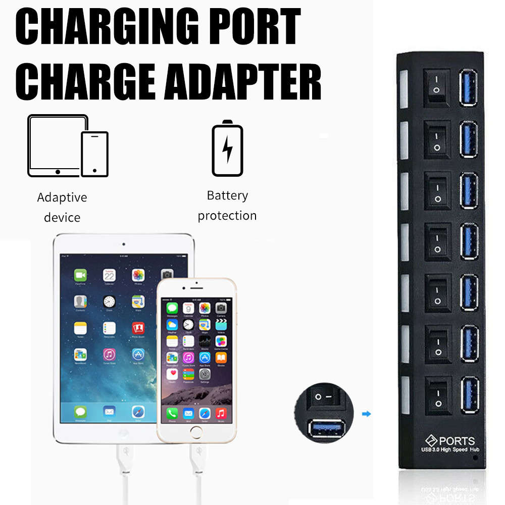7-Port USB 3.0 Hub with Individual On/Off Switches and AC Adapter