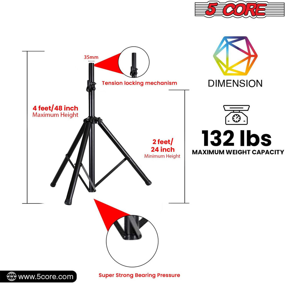 5Core Adjustable Tripod Floor Speaker Stands for DJ and Studio Use