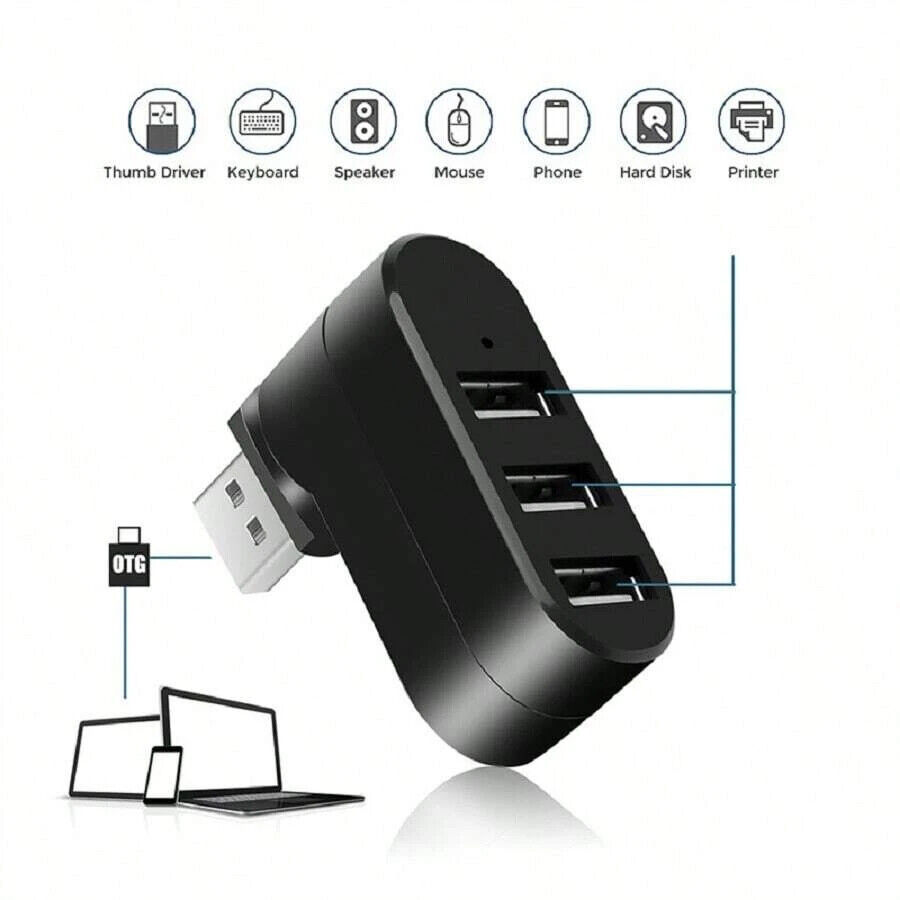 Rotatable USB 2.0 Hub Splitter - 3-Port Multi-Function 7-Font Rotary for Apple Devices