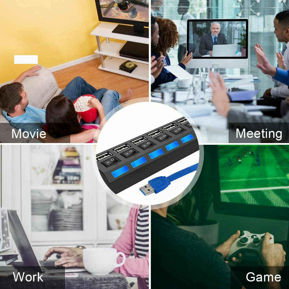 7-Port USB 3.0 Hub with Individual On/Off Switches and AC Adapter