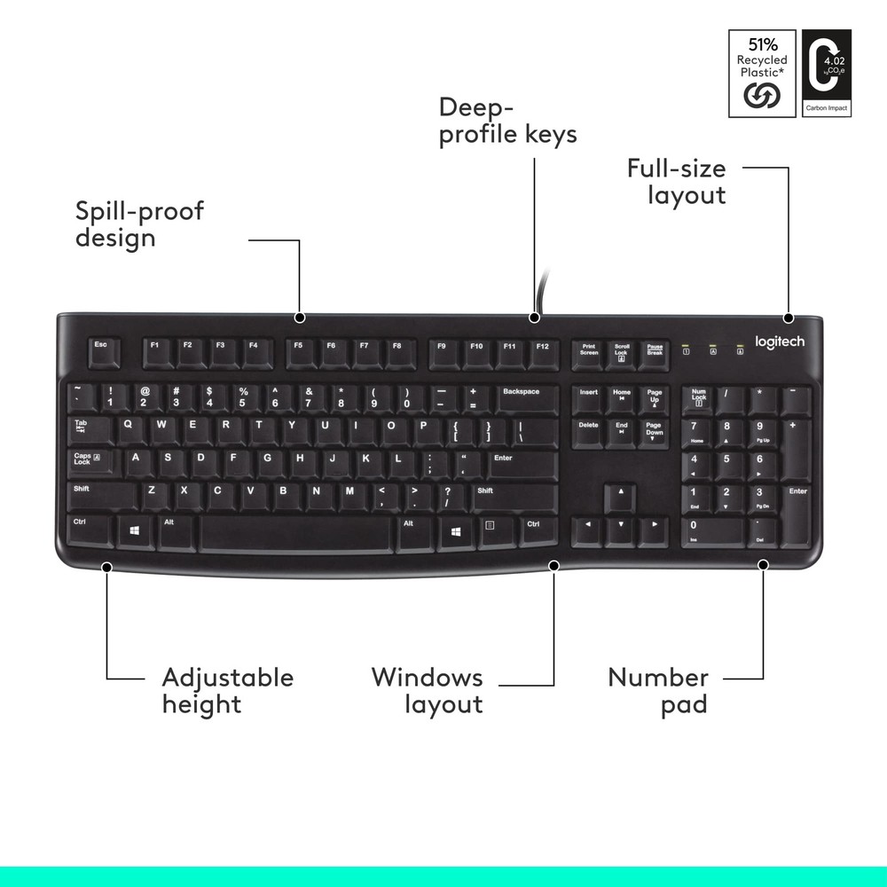 Logitech K120 Wired Keyboard - Spill-Resistant, Full-Size for PC