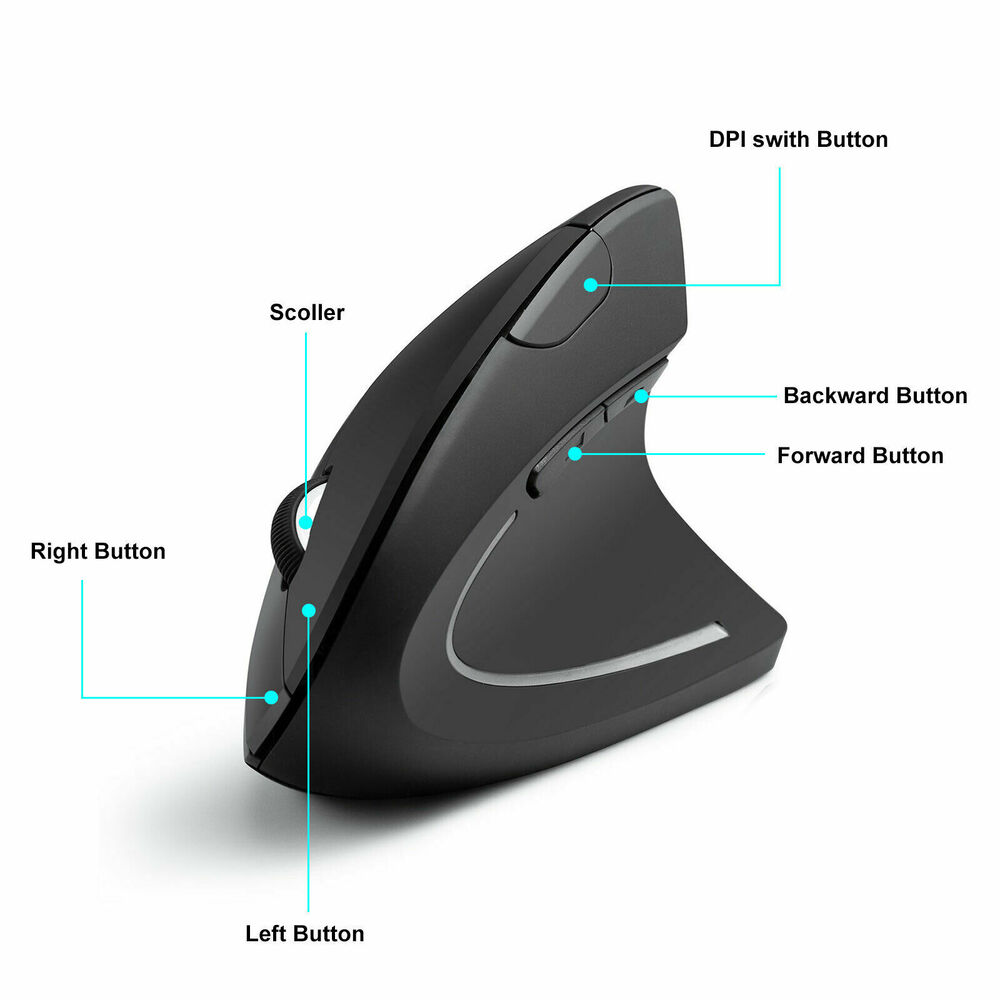 Ergonomic Vertical Optical Mouse with 6 Keys, USB Wireless, 2.4GHz, 1200DPI