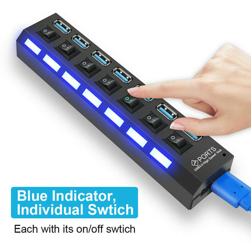 7-Port USB 3.0 Hub with Individual On/Off Switches and AC Adapter