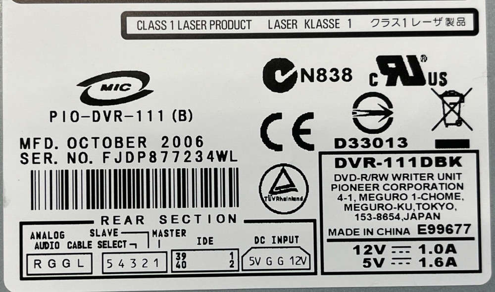 Pioneer DVR-111DBK Black Internal DVD-R/RW IDE Drive