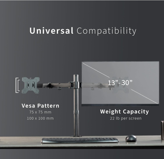 VIVO Dual Monitor Desk Mount - Black Steel Stand for 30" Screens, Up to 22lb