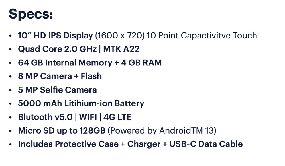 Vortex T10 MPRO+ Tablet with 4GB RAM and 64GB Storage