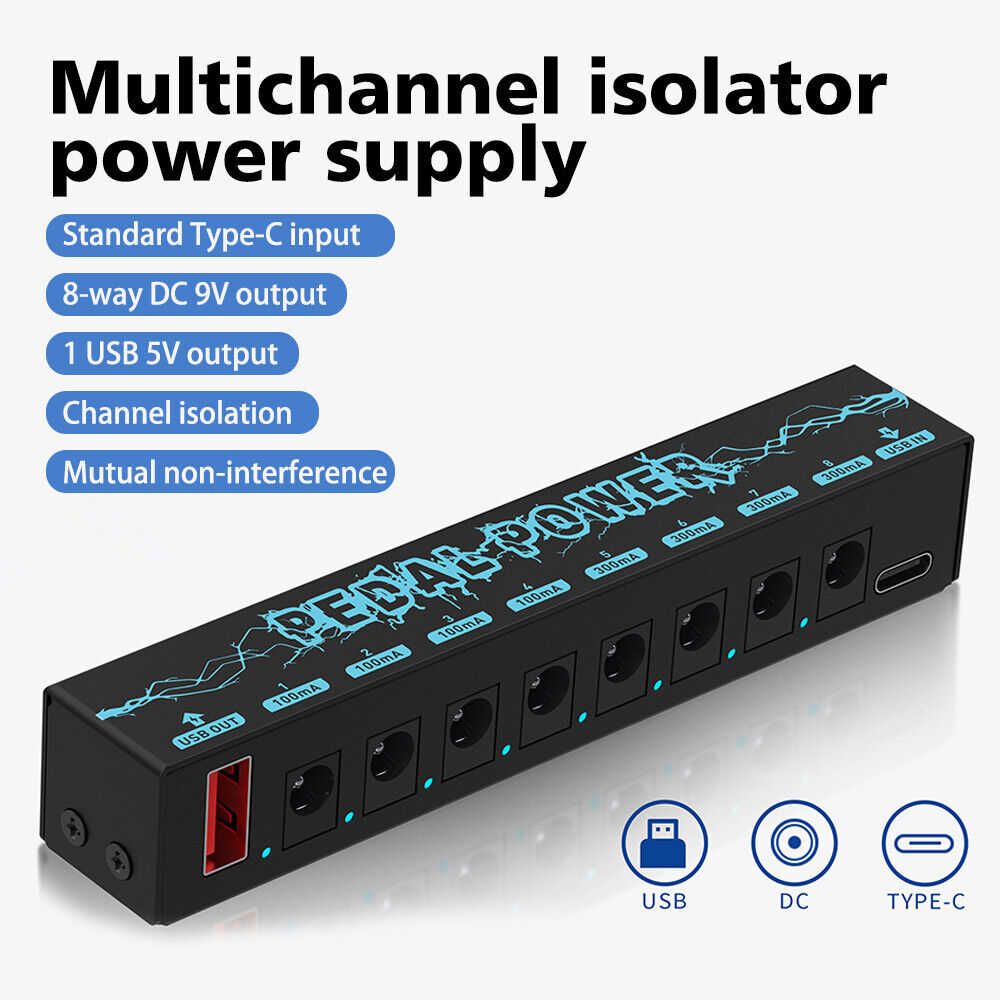 Premium 8-Output Guitar Pedal Power Supply with Isolated DC 9V and Audio Cable