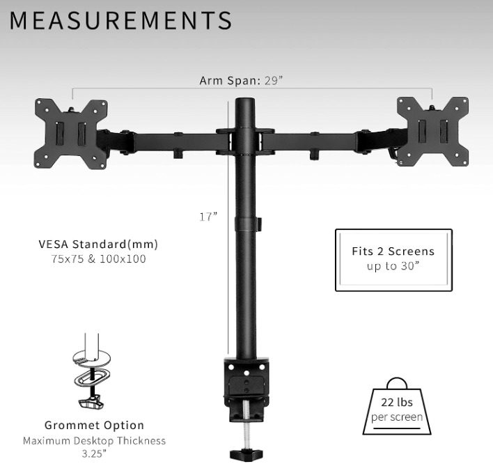 VIVO Dual Monitor Desk Mount - Black Steel Stand for 30" Screens, Up to 22lb