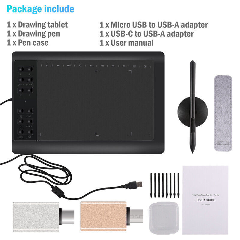 10x6 inch HD Graphics Tablet with Battery-free Pen